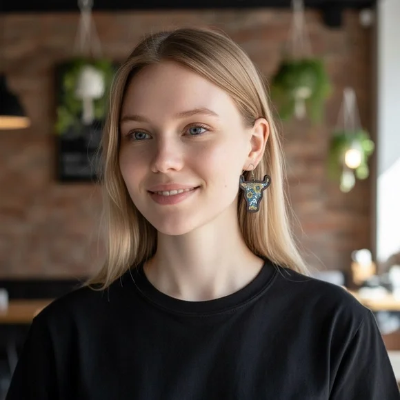 Fashion Jewelry Western boho Cow print  Earrings - Sunflower Blue and yellow - Picture 5 of 12